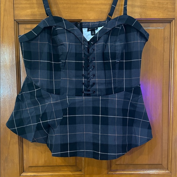 Black Plaid Bengaline Lace Up Peplum Cami - Picture 1 of 7